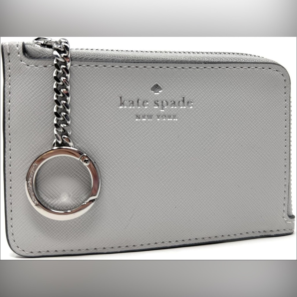 Kate Spade L zip card holder wallet with key ring platinum grey